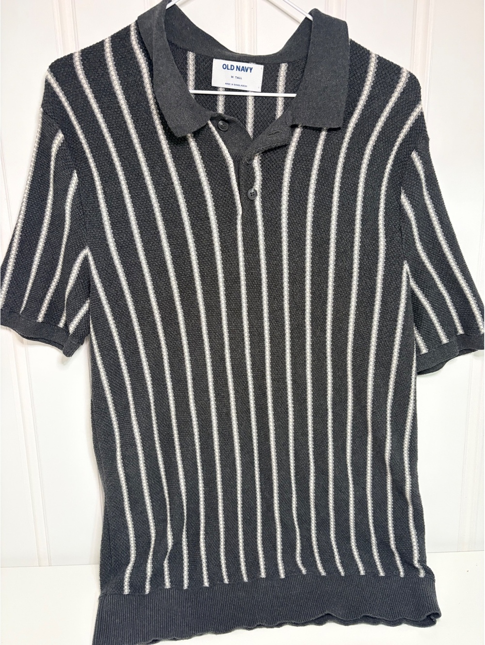 Mens Medium Tall Black White Vertical Striped Knit Short Sleeve Polo Shirt